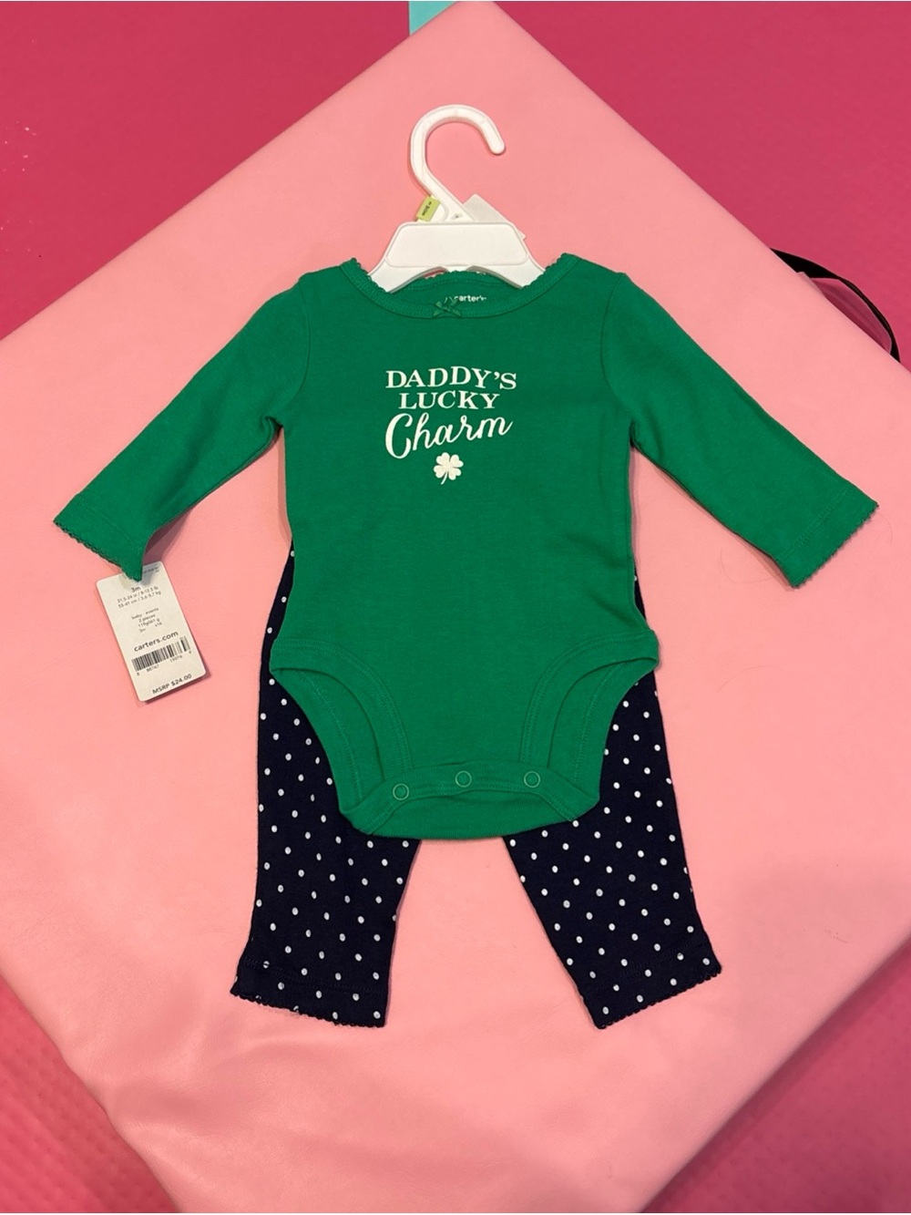 Carter's Green 'Daddy's Lucky Charm' Bodysuit with Navy Polka Dot Pants - Picture 1 of 4